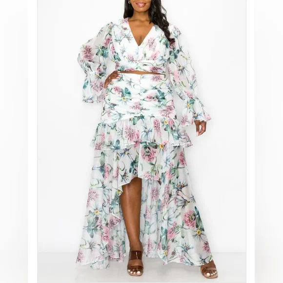 Floral two piece set, long puff sleeve top, and flowy maxi skirt. - Picture 1 of 9